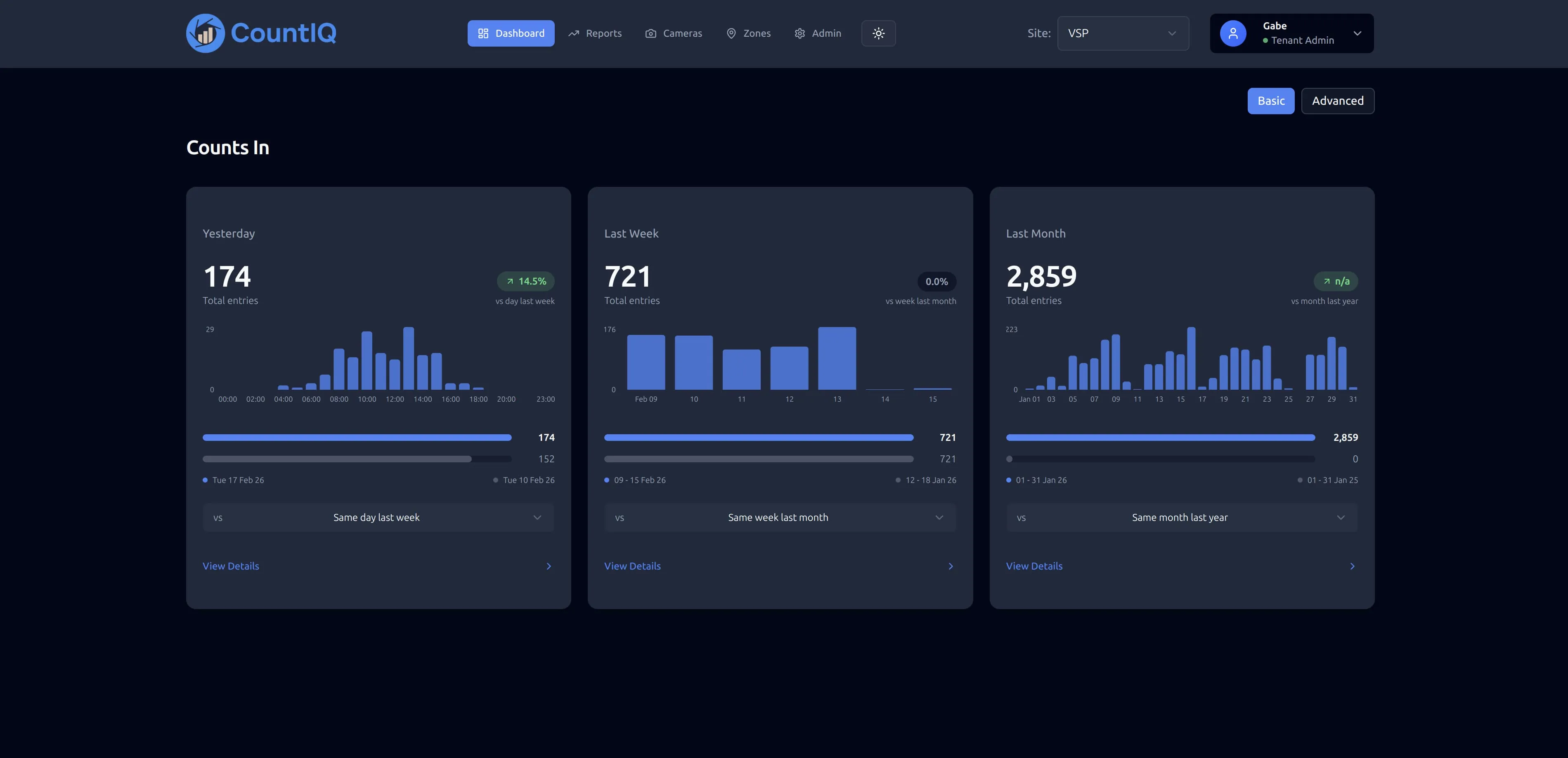 CountIQ dashboard showing daily, weekly, and monthly entry counts with period-over-period comparisons and hourly bar charts